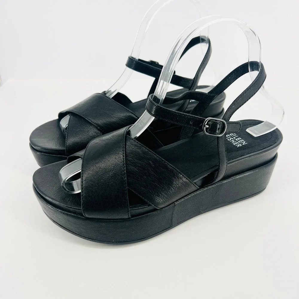 Eileen Fisher Juno Platform Sandals Women 8 Black Leather Chunky Strappy Buckle